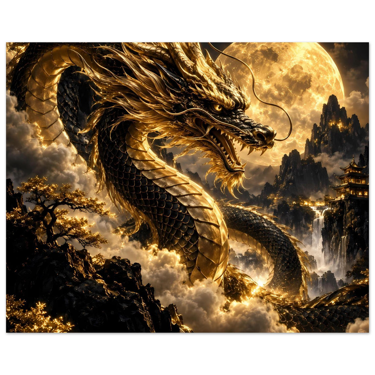 Drachenposter mit goldglänzendem Drachen, schwarzen Schuppenflügeln und leuchtendem Vollmond