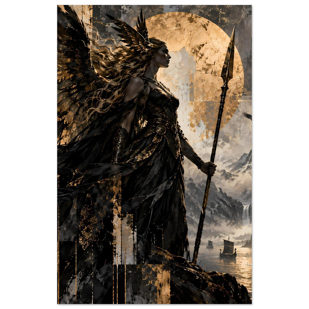 Kunstposter im schmalen Hochformat: Kriegerin mit Flügeln und Speer, goldener Mond