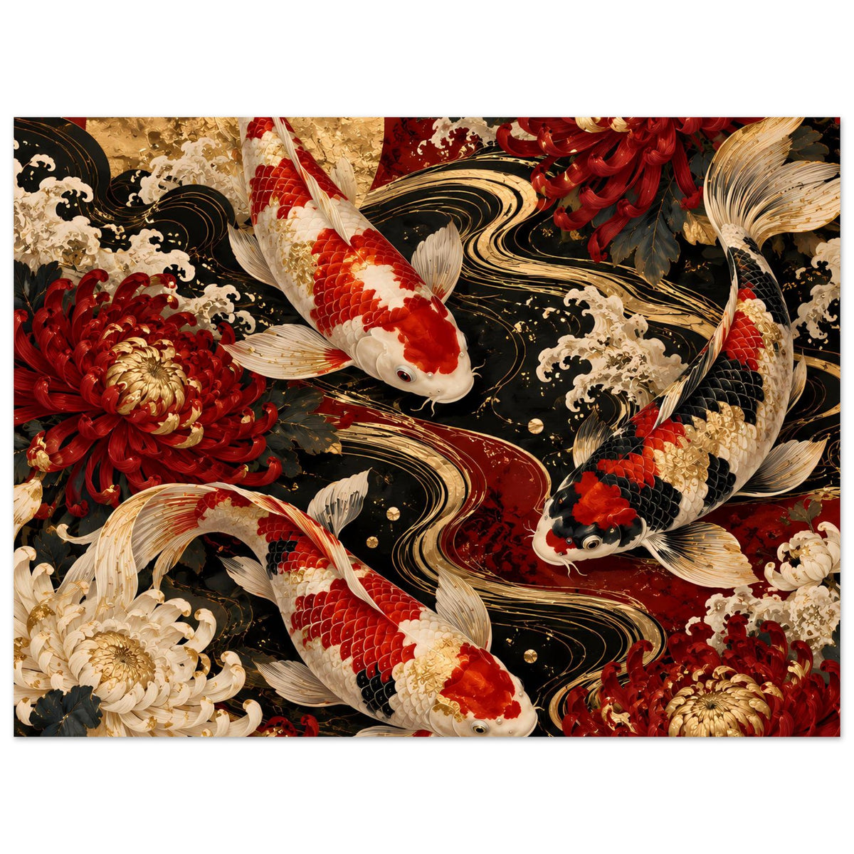 Vertikales Koi-Karpfen-Poster mit Koi, schwarzen Wellenmustern und roten/goldenen Blumen