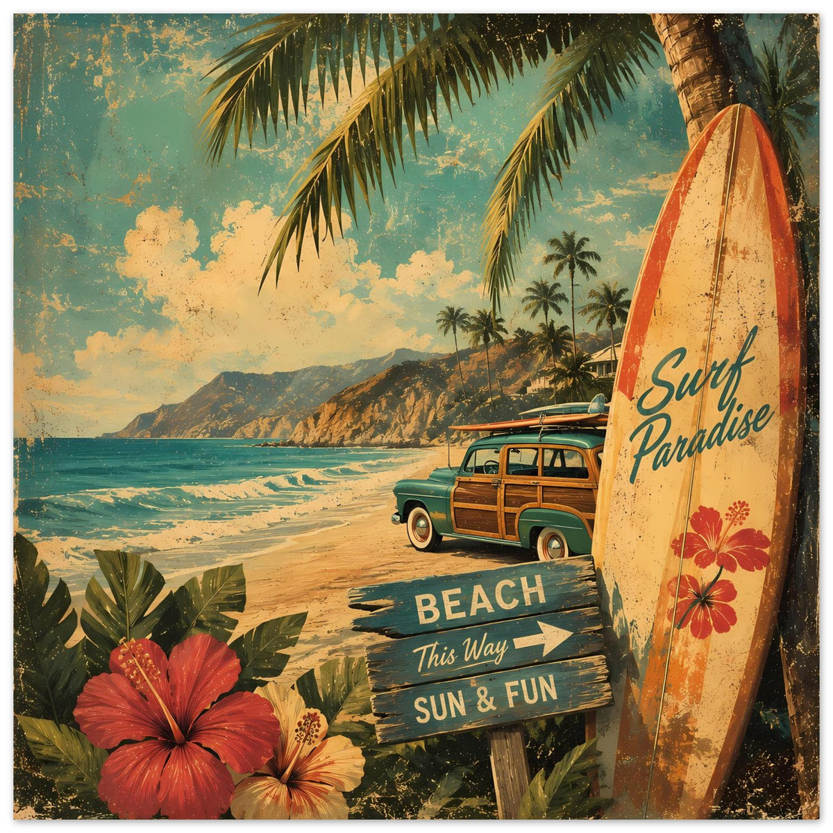 Beach-Poster mit Surfbrettrand rechts: Van mittig, Strandweg, Aufschrift „Sur Paradise“