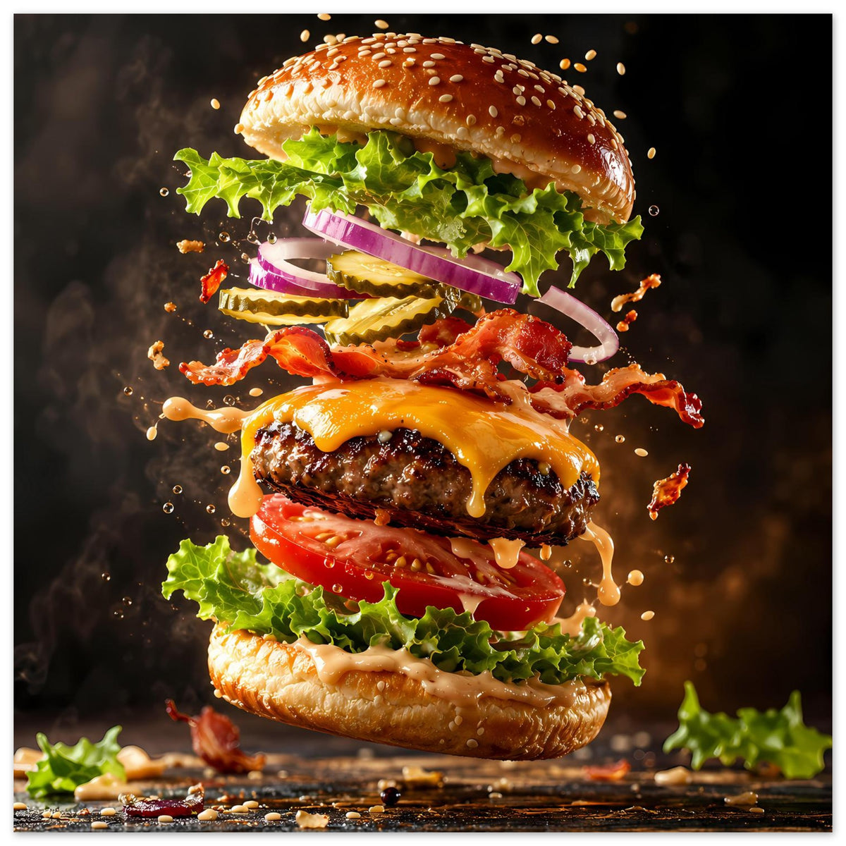 Poster mit Burger-Illustration, vollständig: Burger mit Käse, Bacon, Tomate und Salat