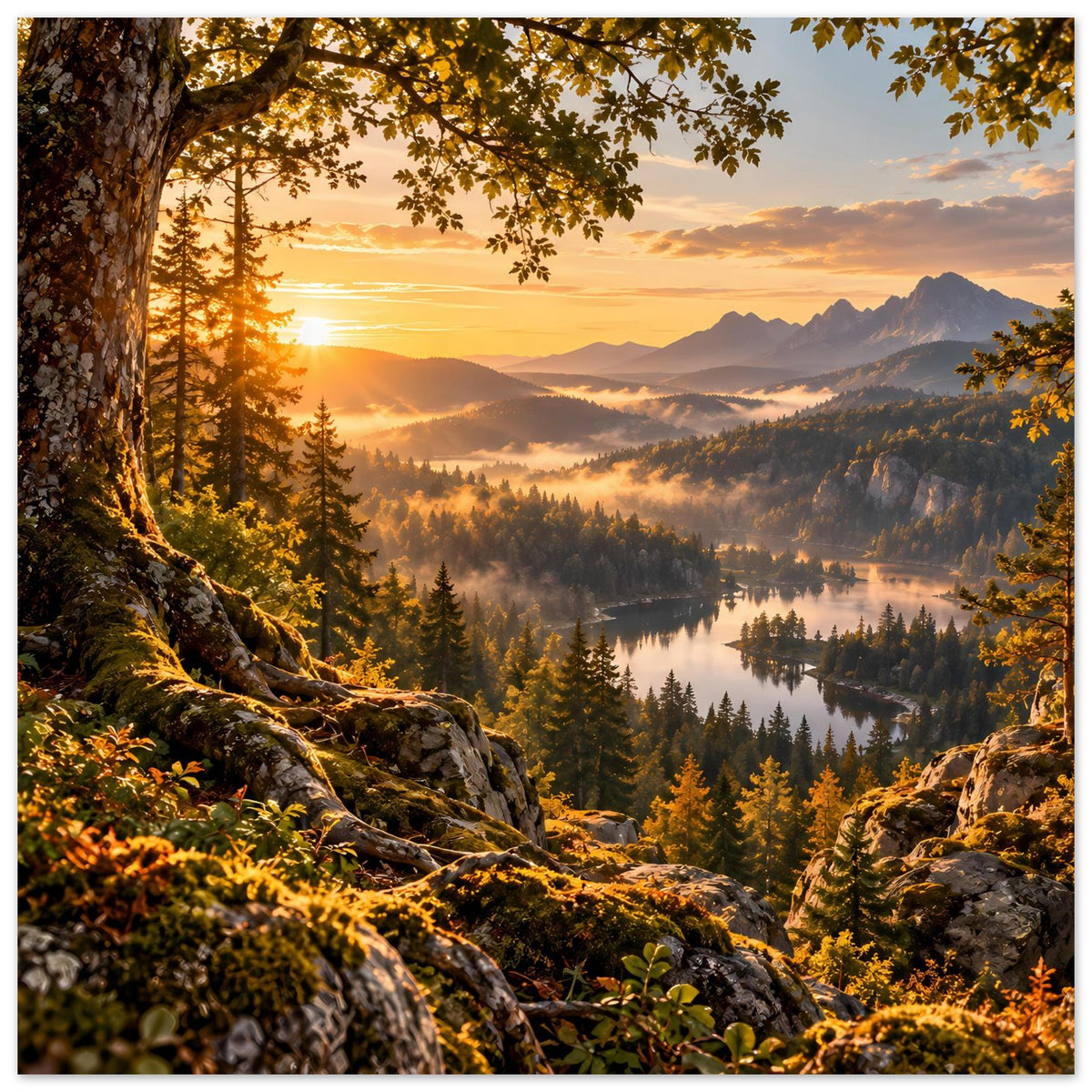 Landschaftsposter: Sonnenaufgang über Bergspitzen, Talfahrt mit See und dichten Nadelwäldern.