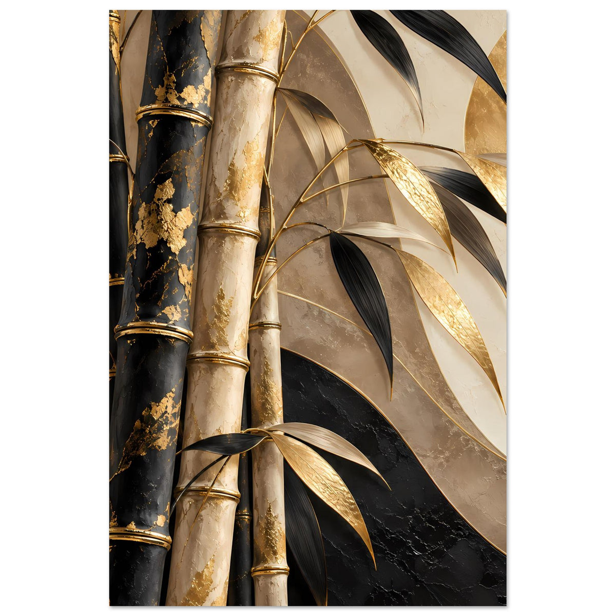 Bambus-Poster mit schwarzen und goldenen Bambusstangen, goldenen Blättern, beige-goldem Motiv