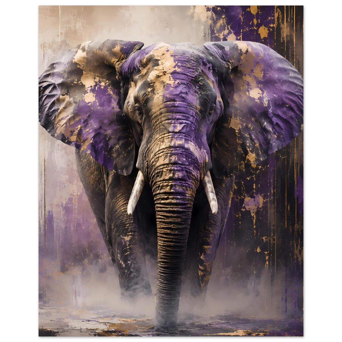 Abstraktes Tierposter: Elefant in Violetttönen mit goldfarbenen Sprühdetails