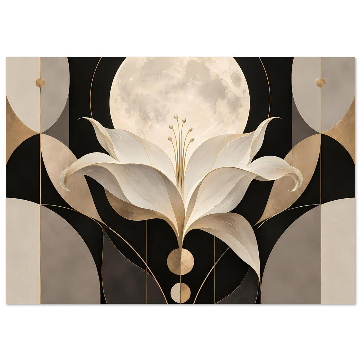 Art-déco-Poster mit gold-cremefarbener Lilie vor Vollmond