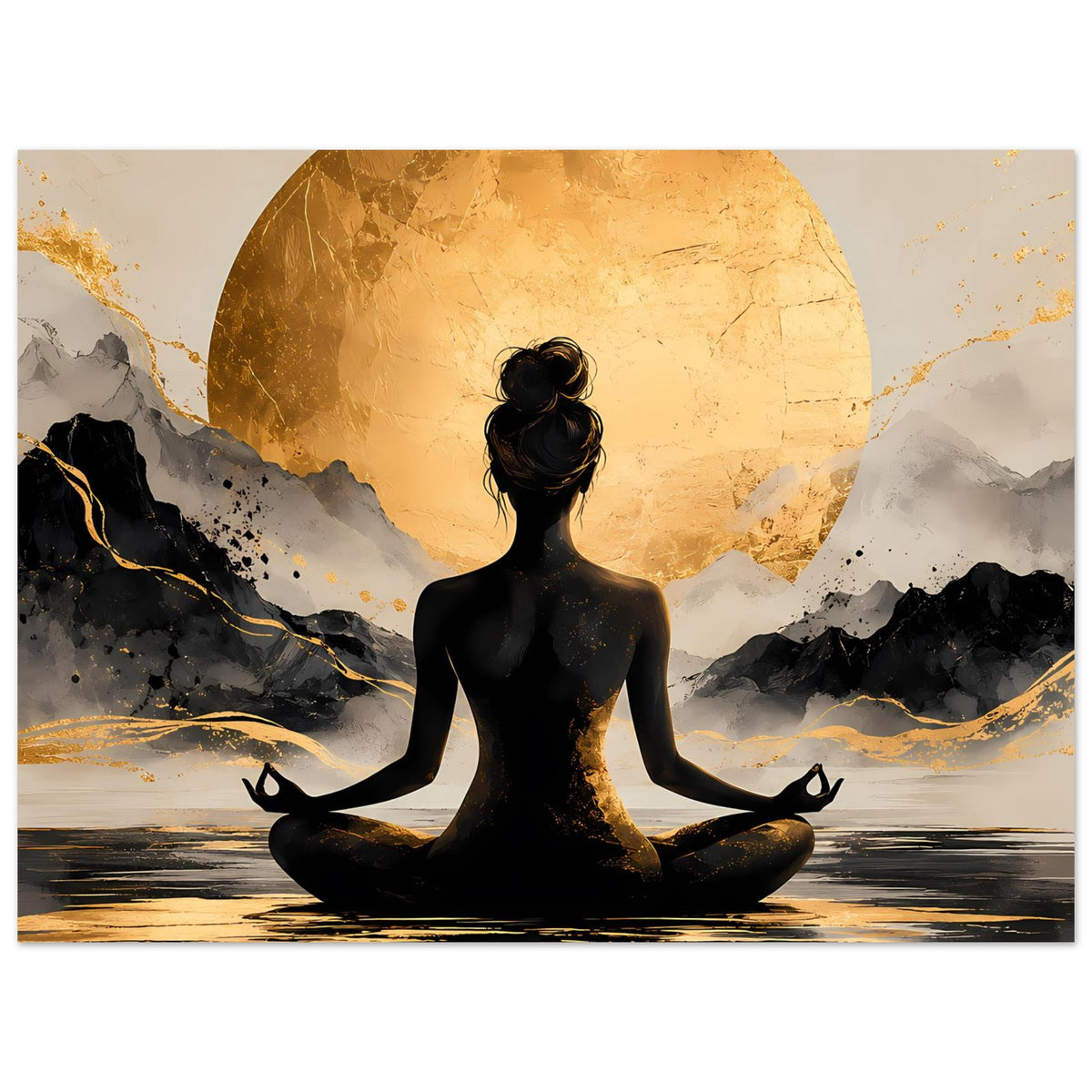 Meditations-Poster: Figur im Lotussitz, goldene Sonne, schwarze Berge und Reflexion
