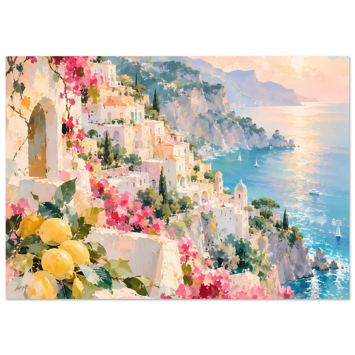 Kunstdruck-Poster: Küstenstadt am Meer mit rosa Blüten, gelben Früchten, Segelbooten und Bergen