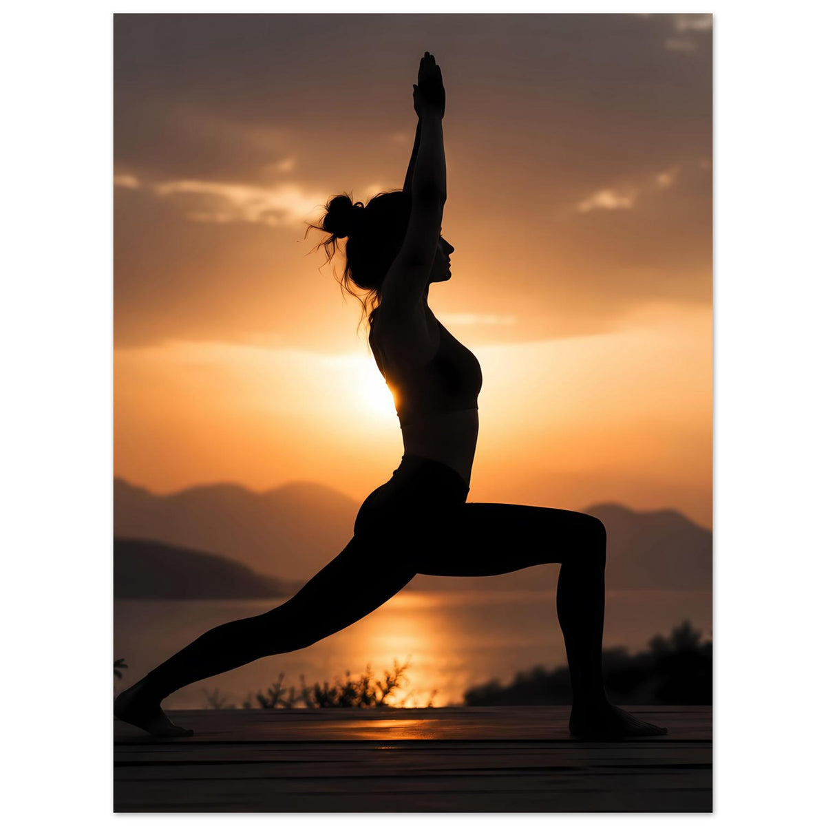 Yoga-Poster im Hochformat: Einbein-Übung mit klarer Seitenansicht-Silhouette