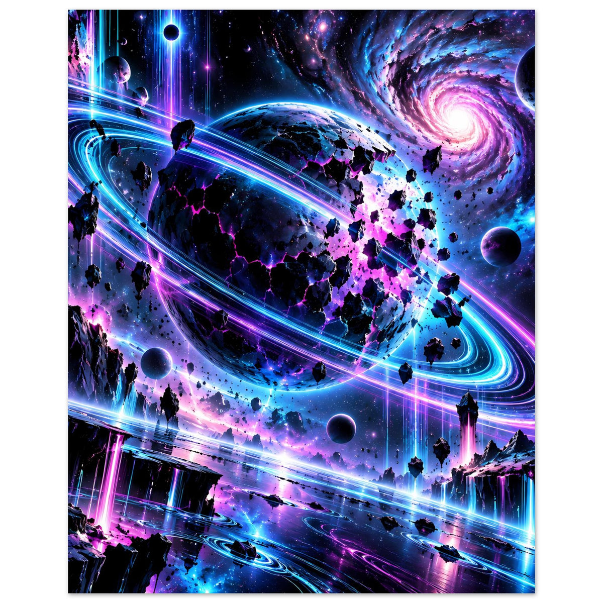 Neon-Galaxie-Poster im Hochformat mit Planeten, Spiralnebel und leuchtenden Neonringen in Blau/Pink.