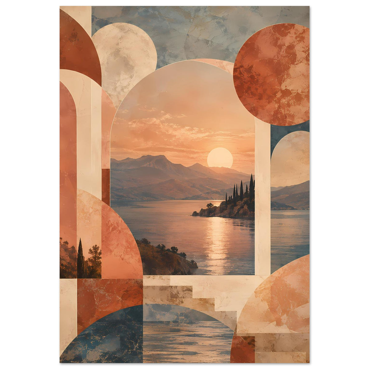 Abstraktes Wandposter mit Landschaftsmotiv: See, Berge, Sonne und große runde Formen in warm