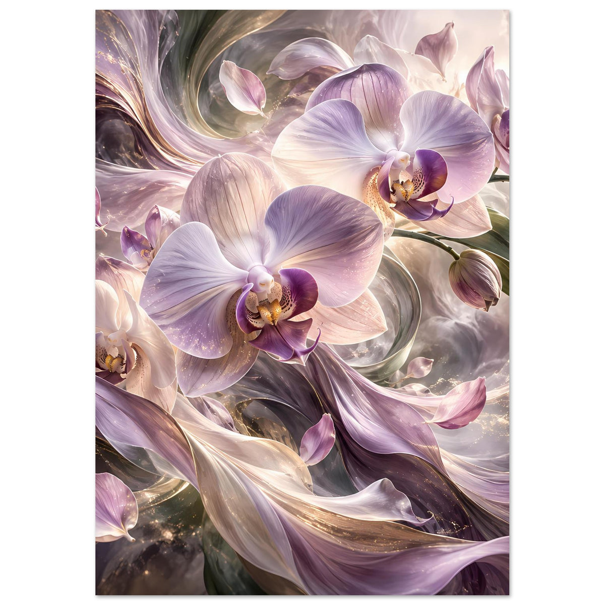 Blumenposter mit mehreren violetten Orchideenblüten in cremefarbenen Schattierungen