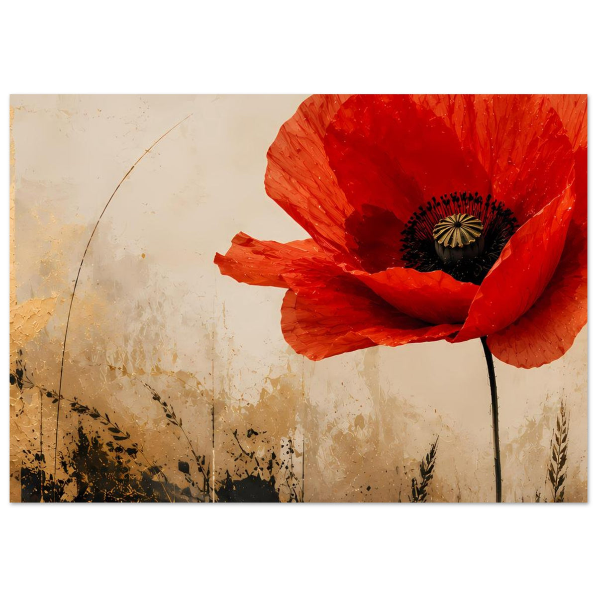Poster mit angeschnittener roter Mohnblüte, dunklem Blütenkern und feinen Halmen