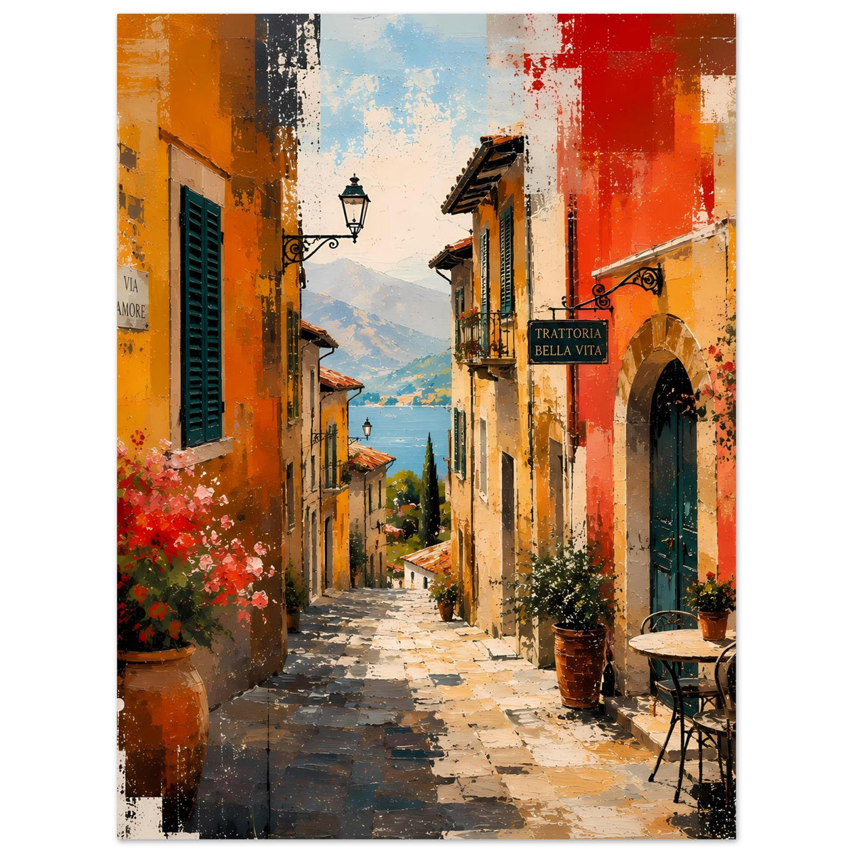 Wandposter: mediterrane Gasse mit Fensterläden, roter Fassade, gelben Häusern und Laterne
