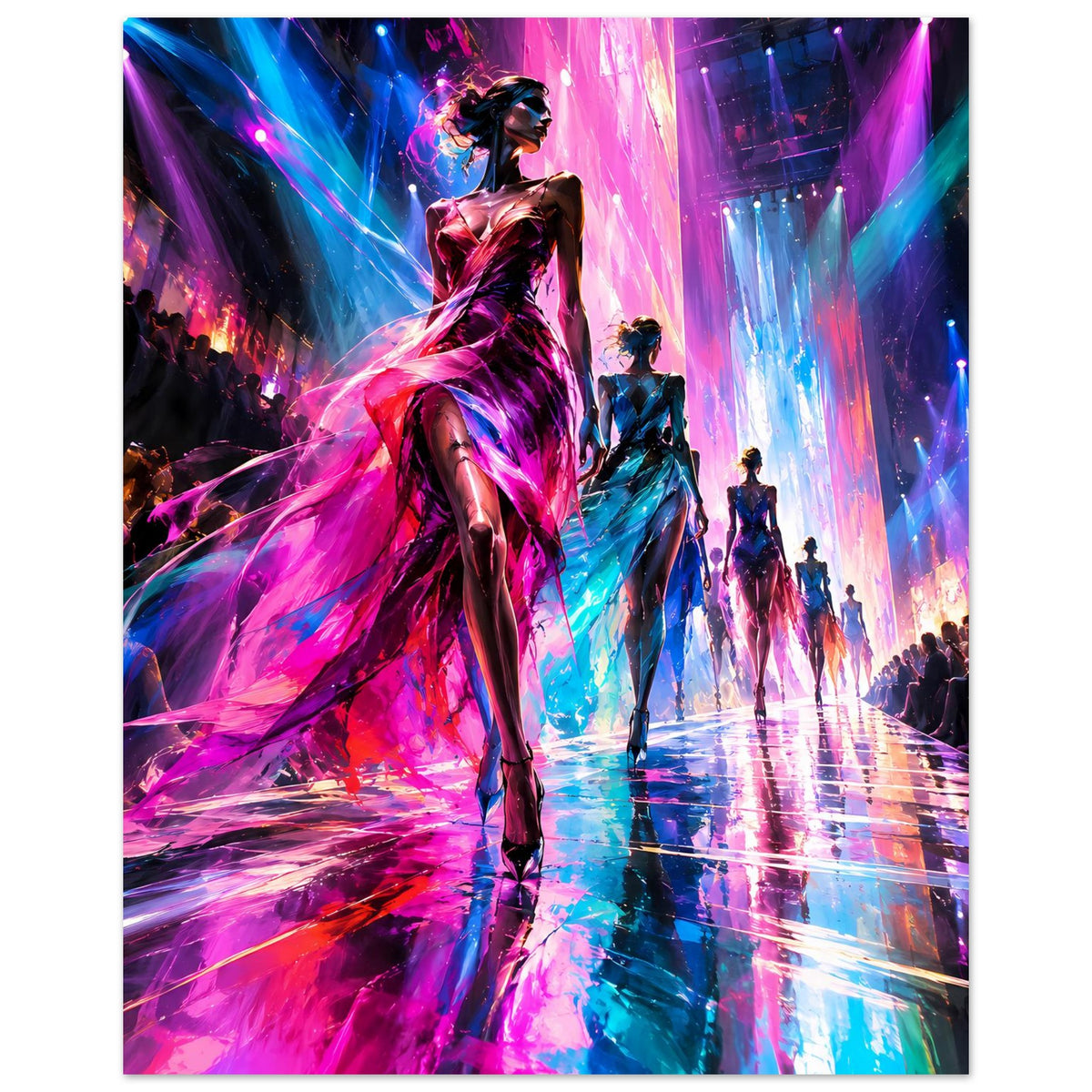 Poster im Hochformat: Mode-Laufsteg mit zentraler Figur, magenta-blaue Lichtkaskaden