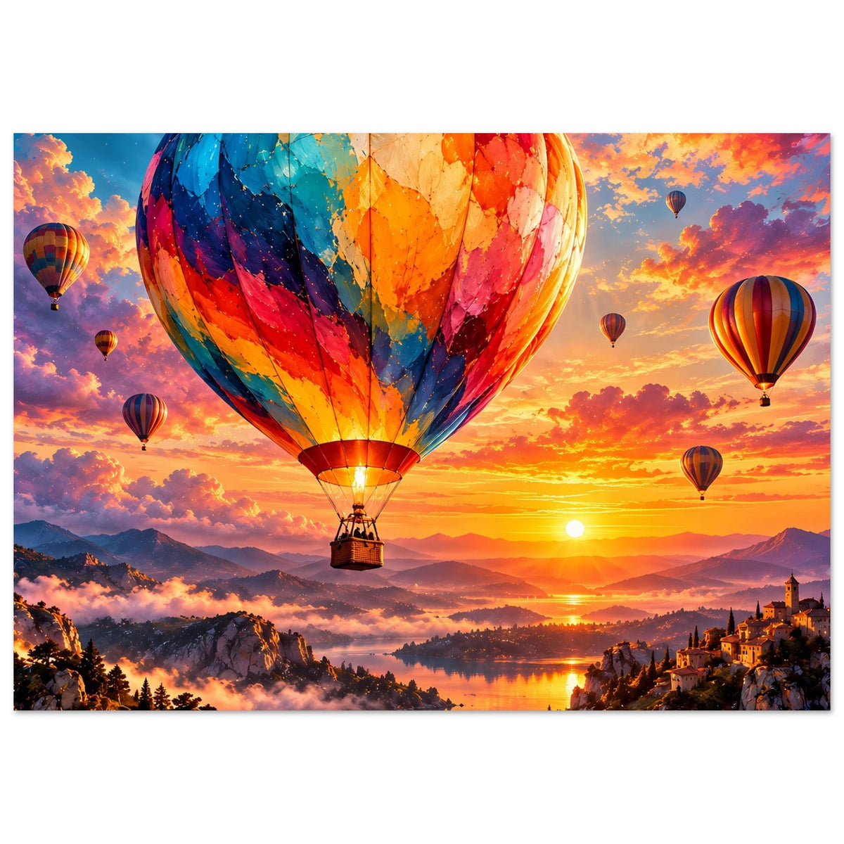 Poster mit Heißluftballons über Dächern und Bergen, leuchtender Sonnenuntergang.