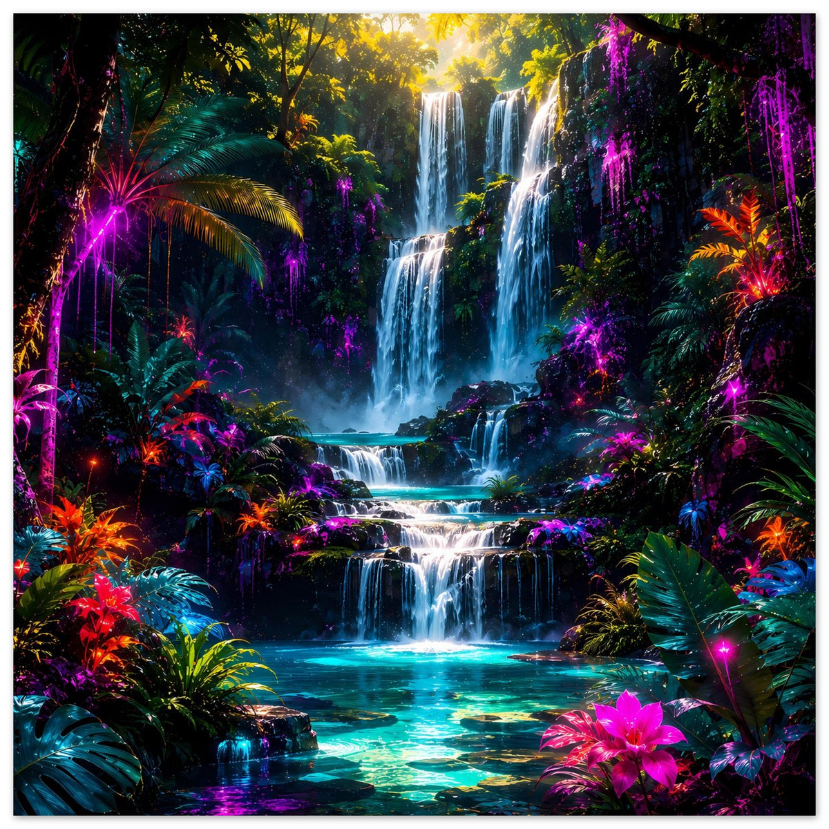 Poster mit tropischem Wasserfall und leuchtenden Regenbogenpflanzen, türkises Wasser im Vordergrund