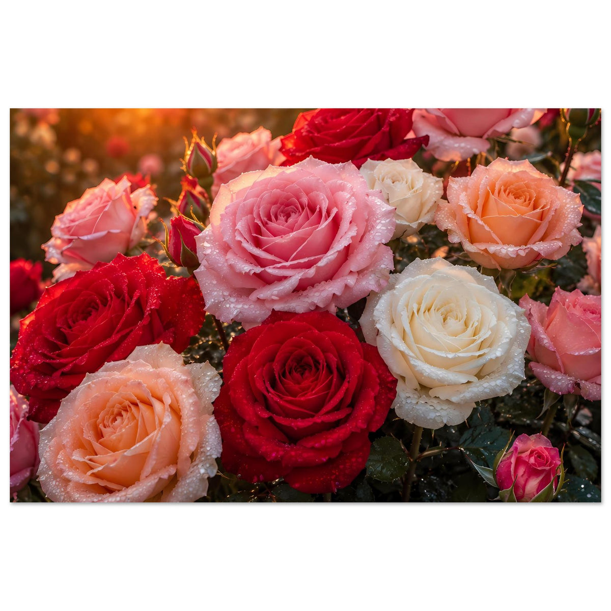 Breites Poster mit Rosenblüten in Rosa-, Rot- und Weißtönen, taufrische Blüten in Nahansicht