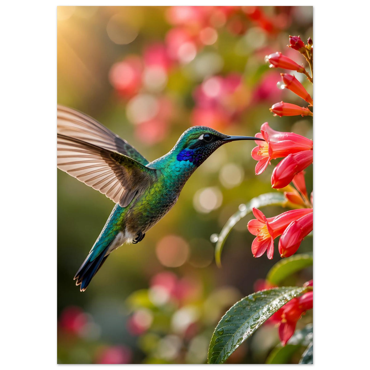Poster mit Kolibri im Flug und roten Blüten, Details am Gefieder und Flügel