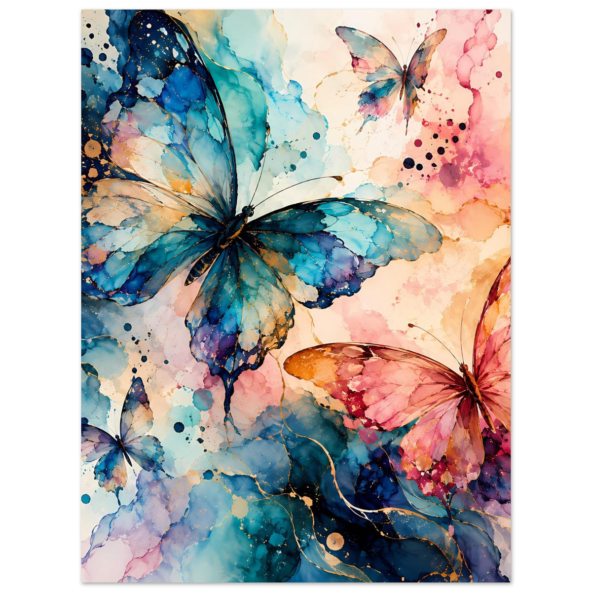 Naturposter mit Aquarell-Schmetterlingen in Blau und Rosa, mehrere Flügel über Farbsprenkel