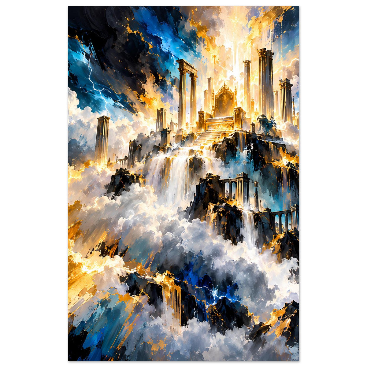 Gerahmtes Fantasy-Poster im Hochformat: leuchtende Säulen, Wasserfälle, dunkle Mauern und Wolken