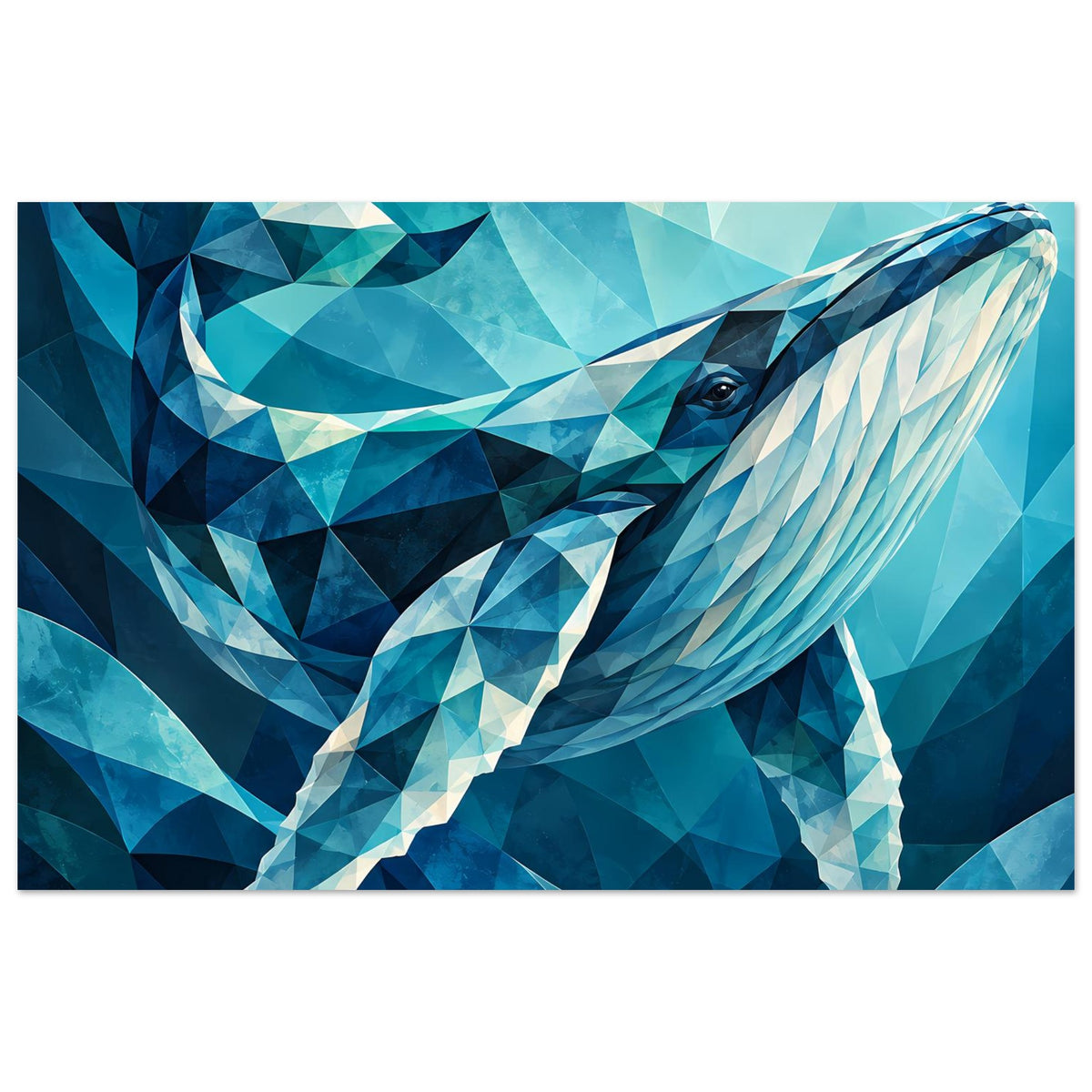 Geometrisches Wal-Poster mit Blauwal, blau-aquamarinfarbenem Polygonmuster und Flossendetail