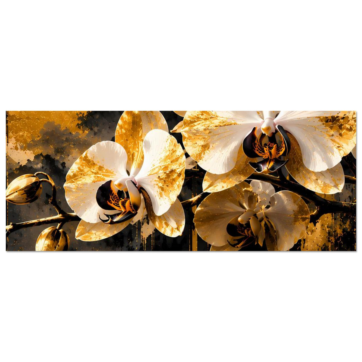 Horizontales Blumenposter mit goldenen und weißen Orchideenblüten, dunkler Farbfläche mit Sprenkeln