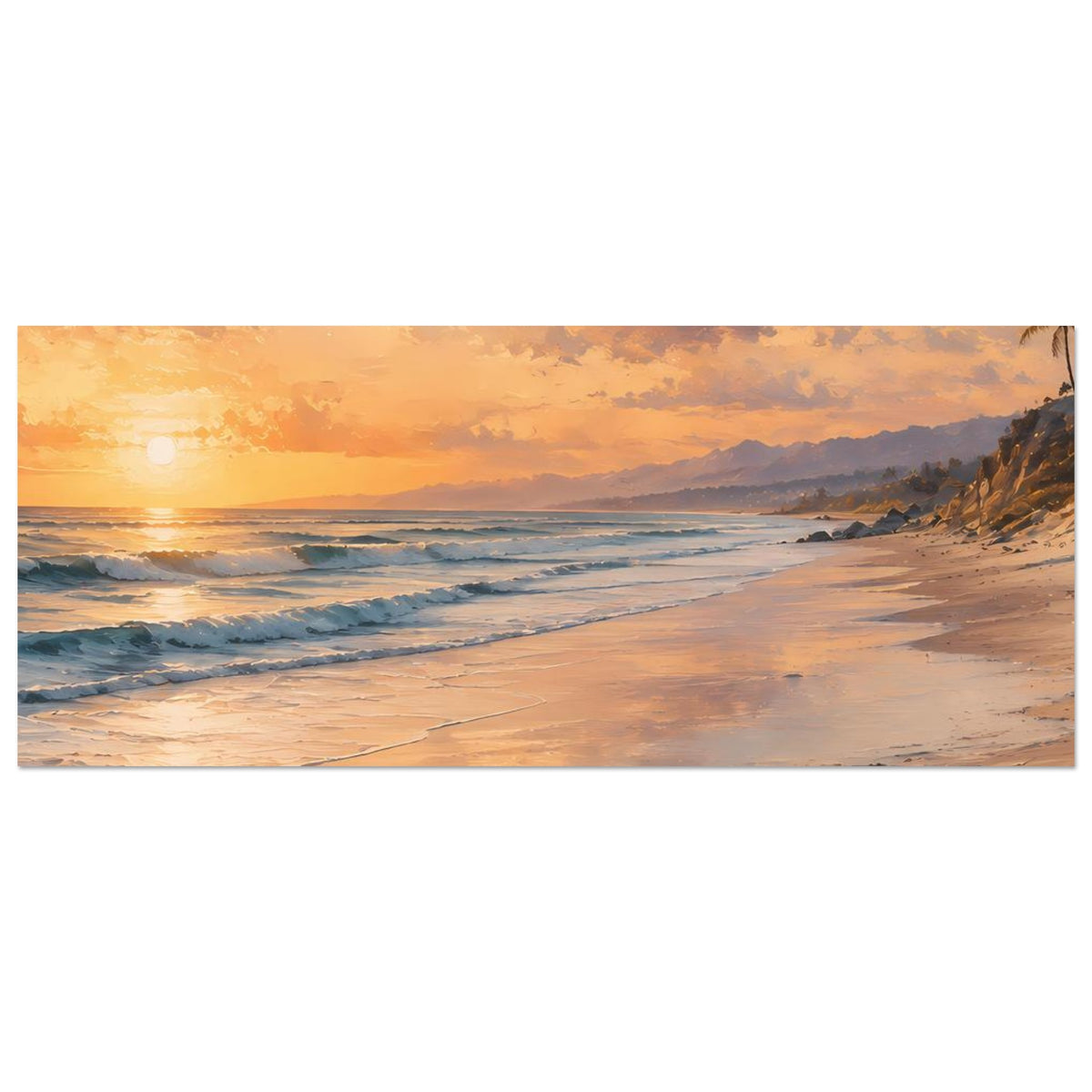 Strandposter auf mattem Papier, Querformat: Sonnenaufgang, reflektierender Sand, Wellen am Ufer.