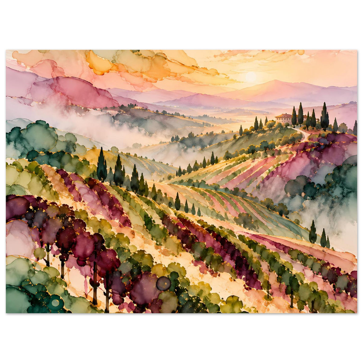 Landschaftsposter mit Weinberg-Panorama, Regenbogenfarben im Aquarell, Nebel und Rebstöcken