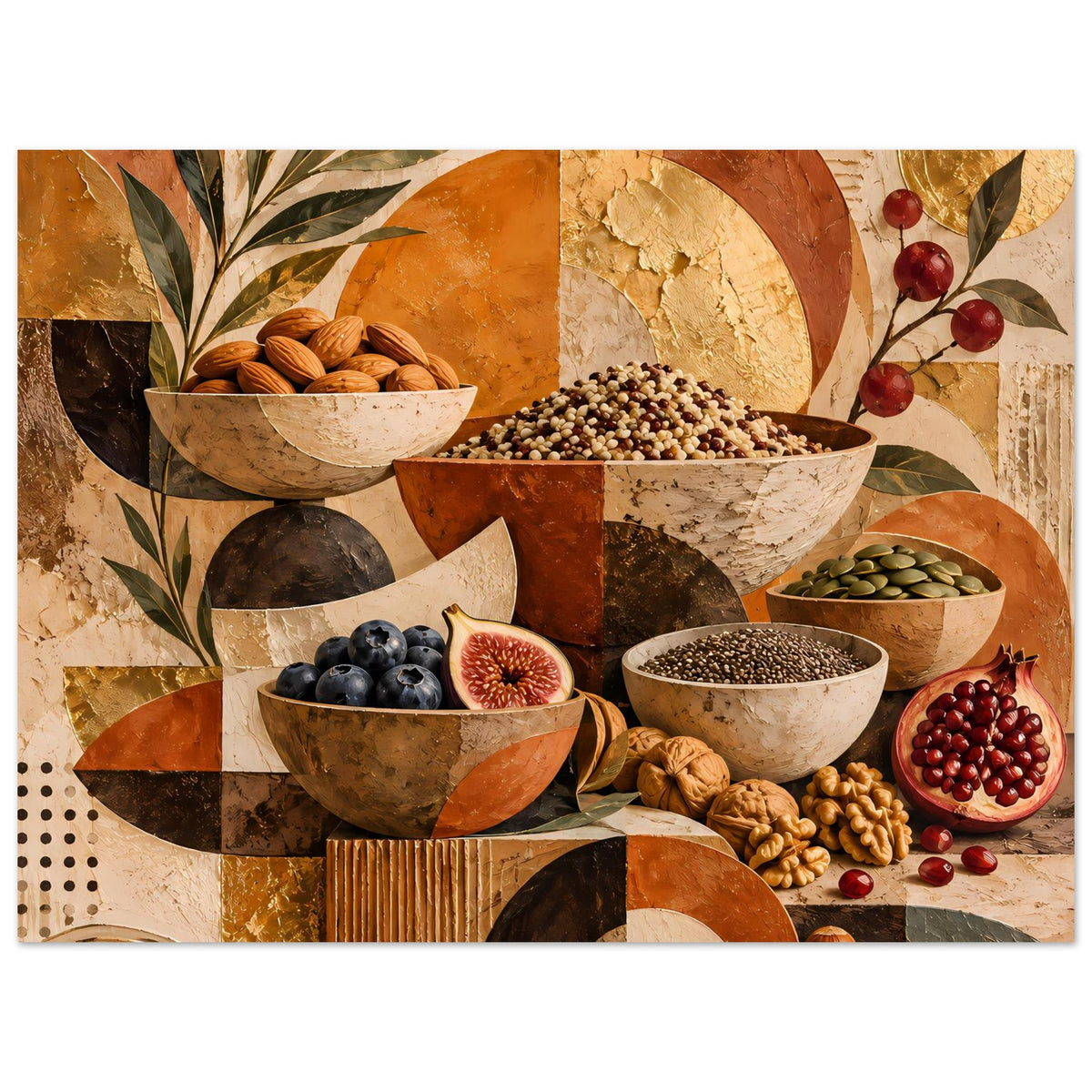 Rustikales Poster mit Stillleben-Schalen: Nüsse, Beeren und Körner, warmes Erdtöne-Motiv