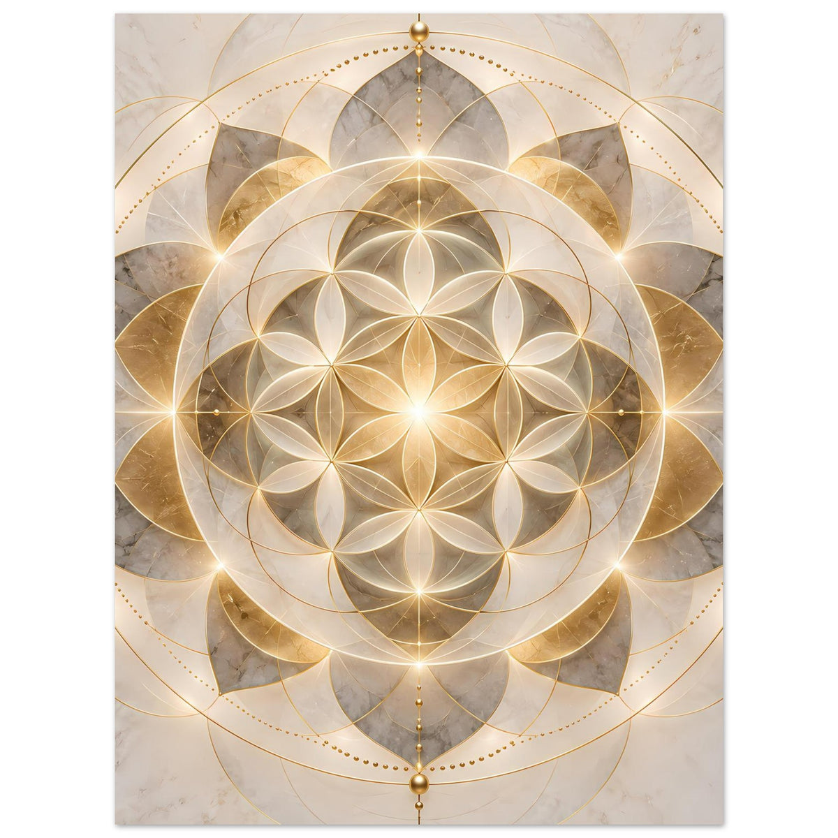 Poster mit goldenem Mandala: Kreisblüte, geometrische Linien und dezente Punktverzierungen