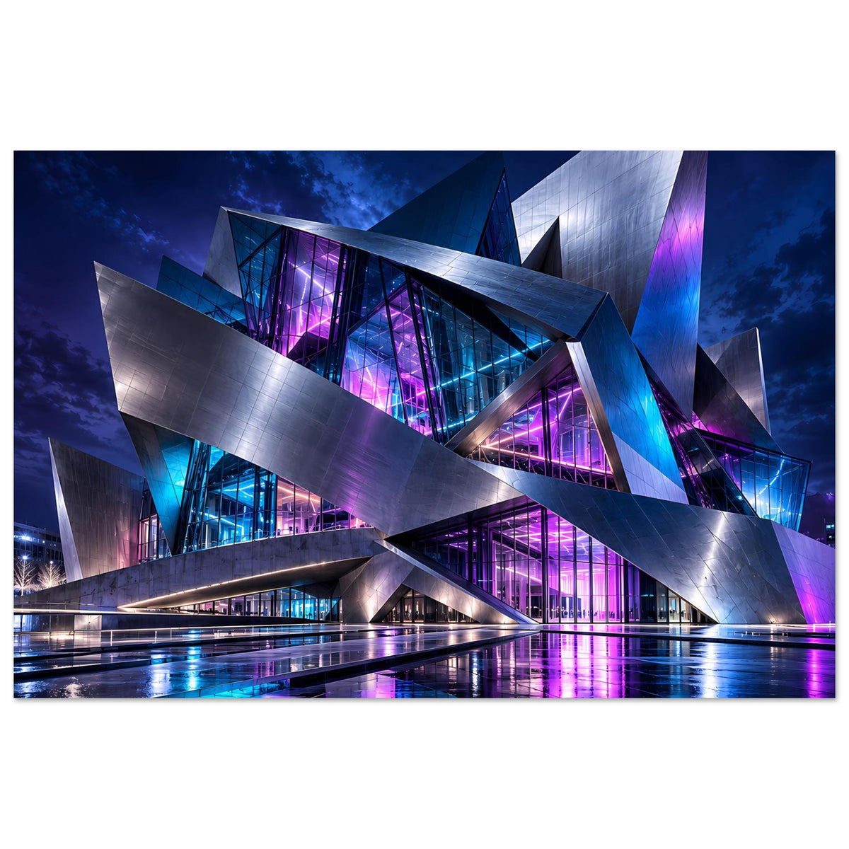 Futuristisches Architekturposter im Querformat: silbergraue Baukörper mit Neonakzenten in Blau und Violett