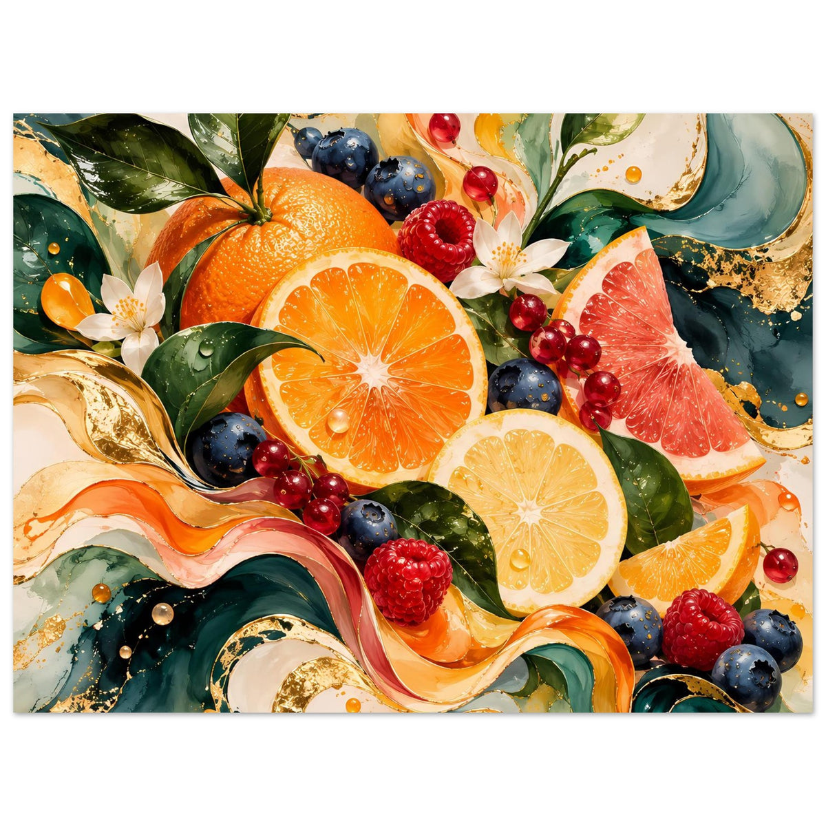 Poster mit Obstillustration: Orangen, Zitronen, Blaubeeren und Beeren in Wellenform