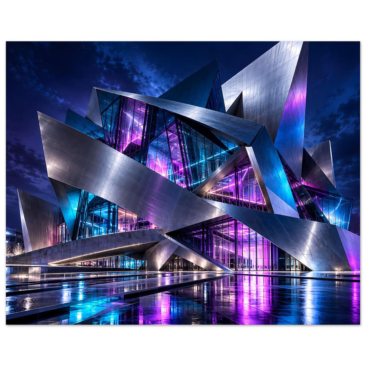 Architekturposter im Hochformat mit beleuchteten Glasbereichen und blau-violetter Lichtstimmung