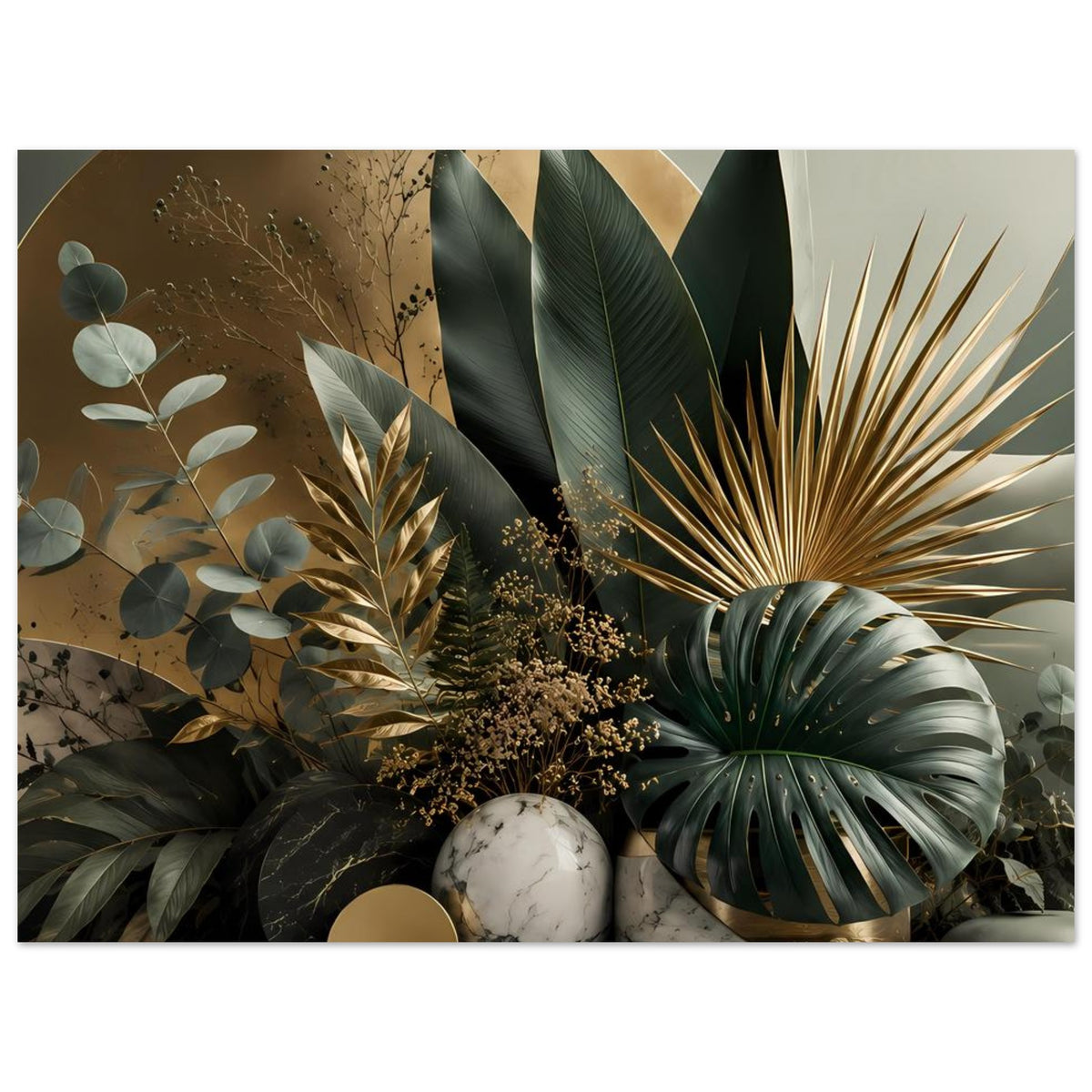 Botanisches Poster mit Laub-Arrangements, Palmwedel und goldenen Akzenten auf Marmorelementen