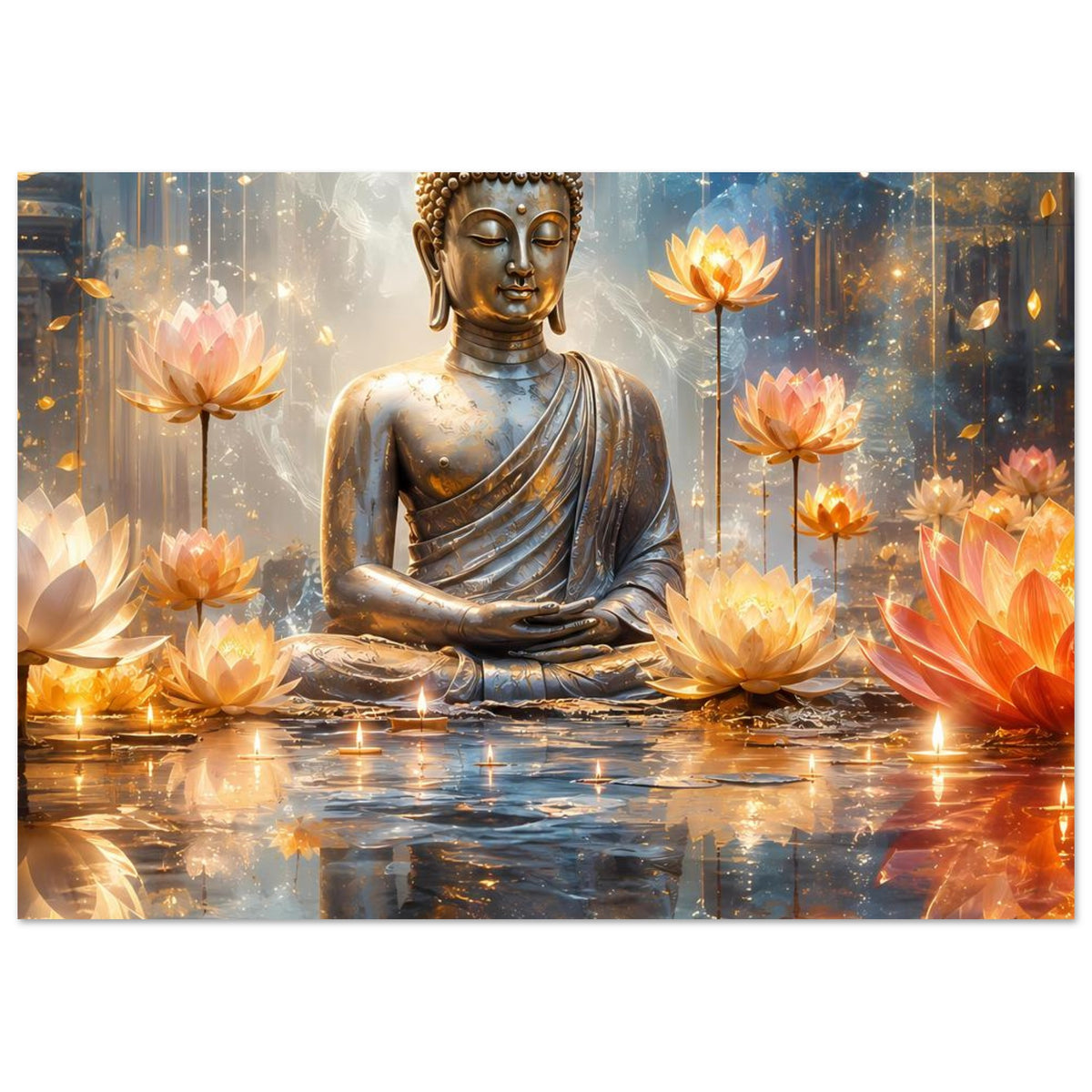 Horizontales Poster mit Buddha in Meditation, Lotusblumen und funkelnden Lichteffekten