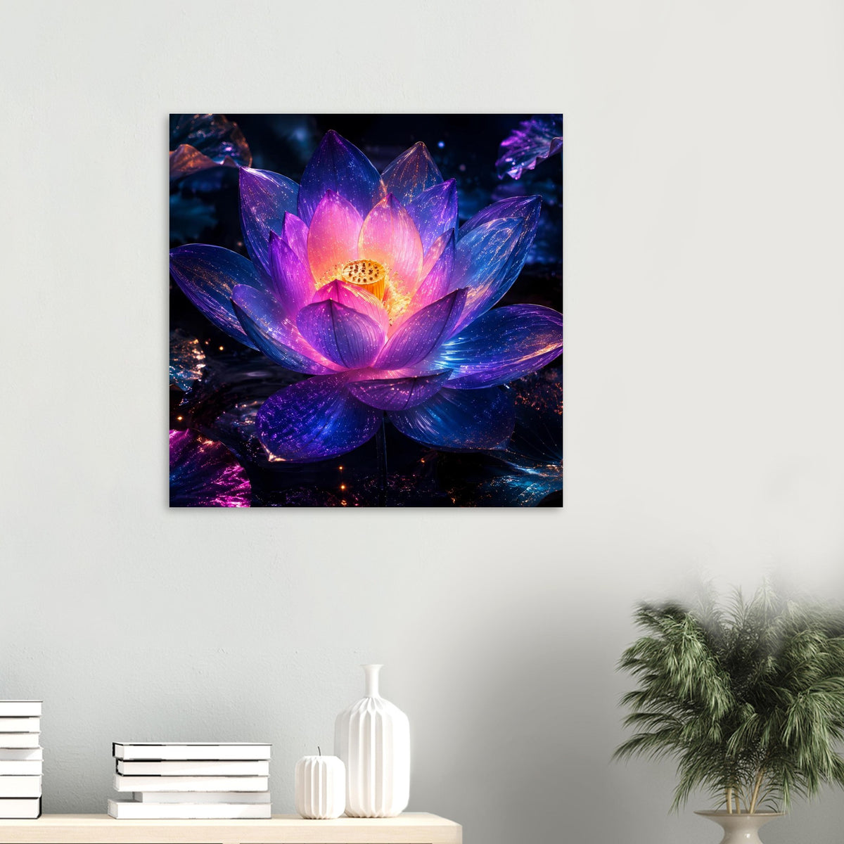 Quadratisches Poster mit leuchtender Lotusblume in Violett, Blau und pinkem Licht