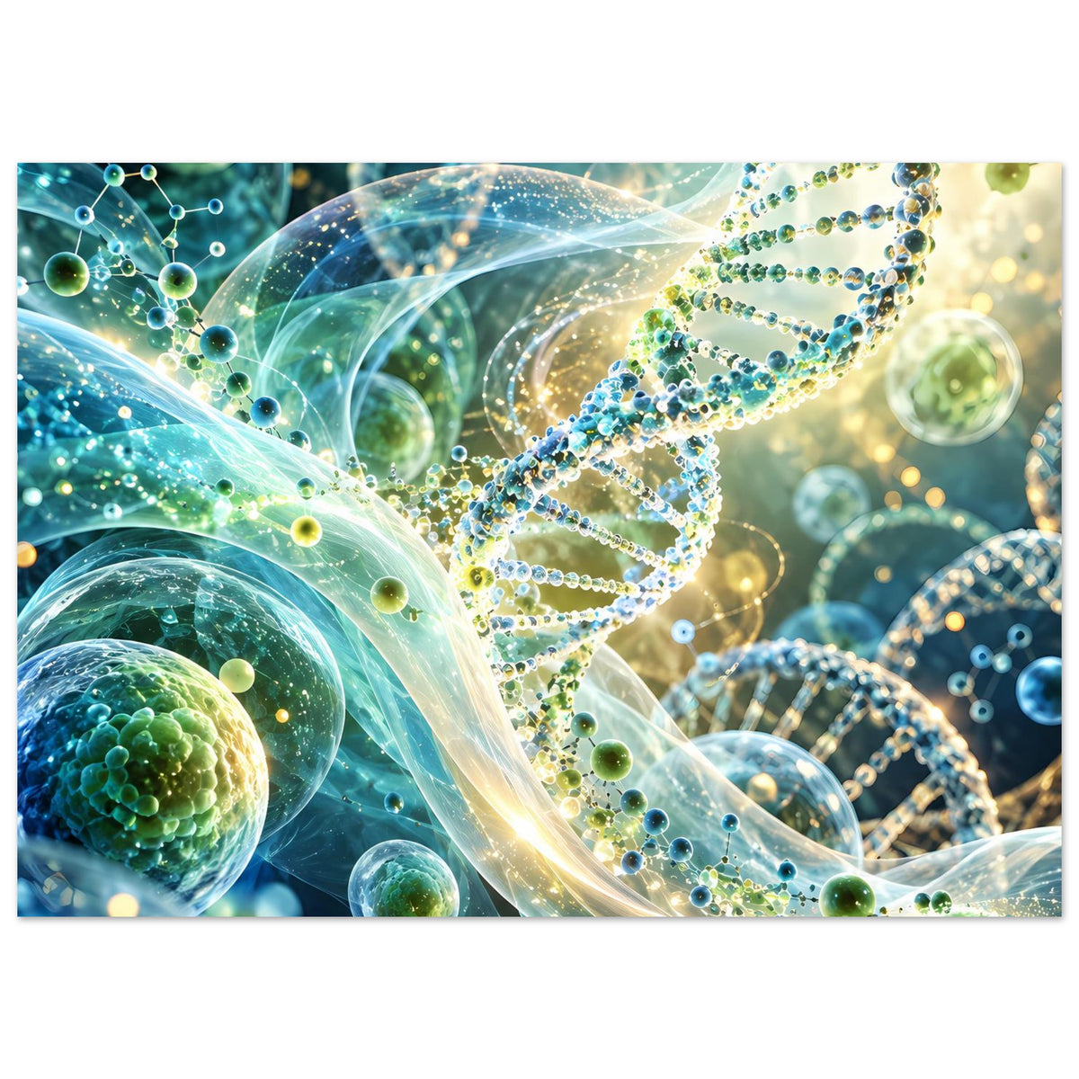 DNA-Doppelhelix-Poster mit leuchtenden Ketten, blauen und grünen Partikeln sowie runden Zellkugeln
