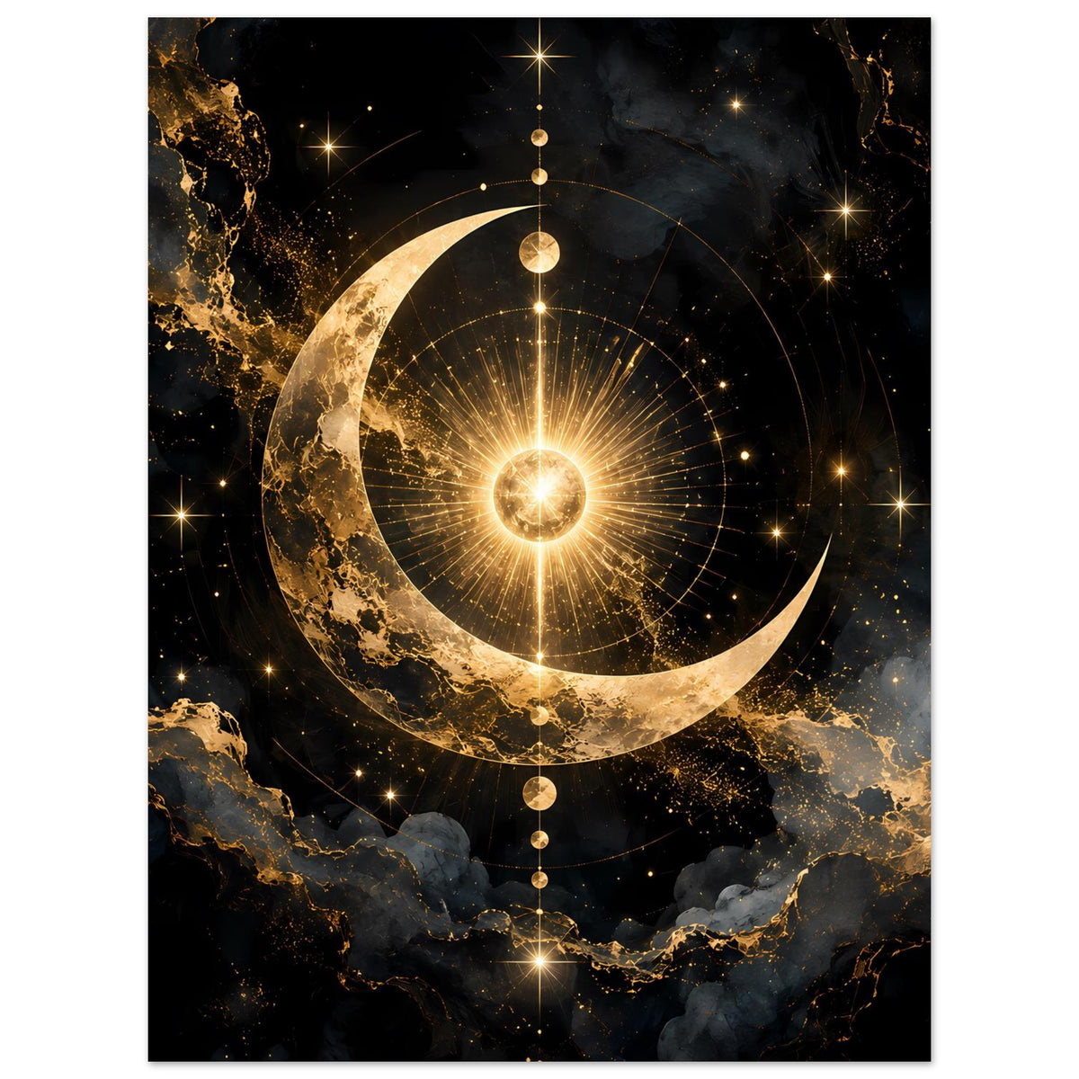 Poster mit mystischem Mond und goldenen Sternen, Kreisornamenten und Strahlenmotiv