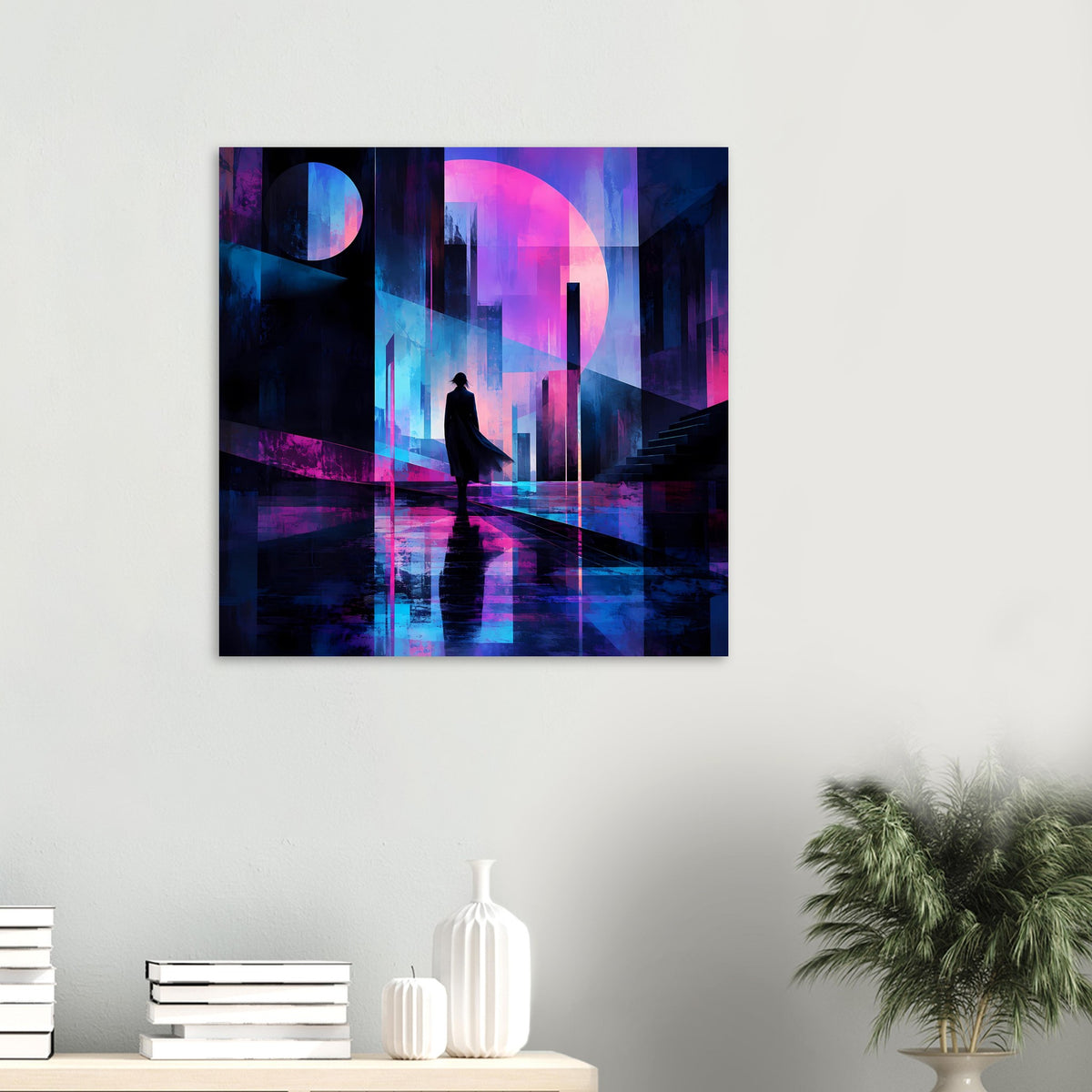 Neon-Nachtlandschaft-Poster, kleines Querformat: Personensilhouette auf Neonweg, blau und rosa leuchtend.
