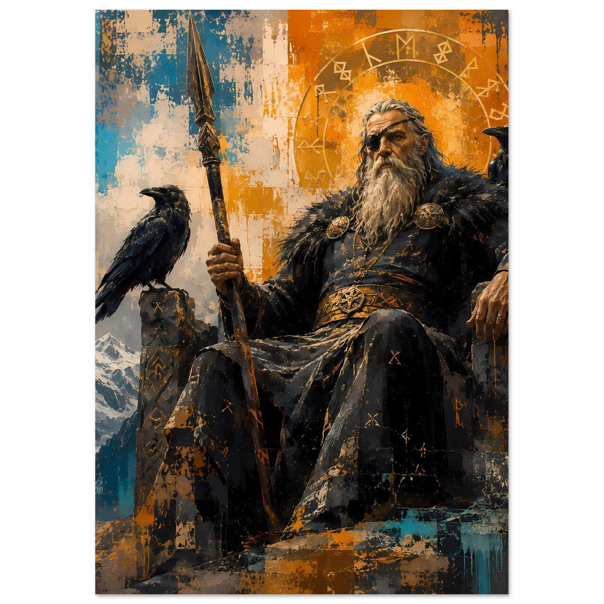 Poster im Hochformat: Wikinger-Gott mit langem Bart und Speer, Rabe links, orange-blaues Muster