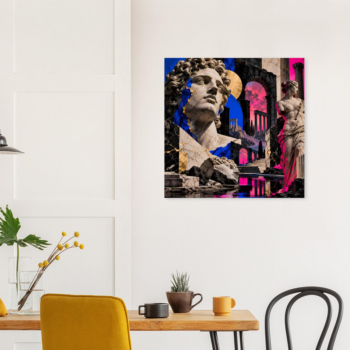 Kunstposter: klassische Skulpturbüste mit blauem und pinkem Farbdesign, Stadtkulisse