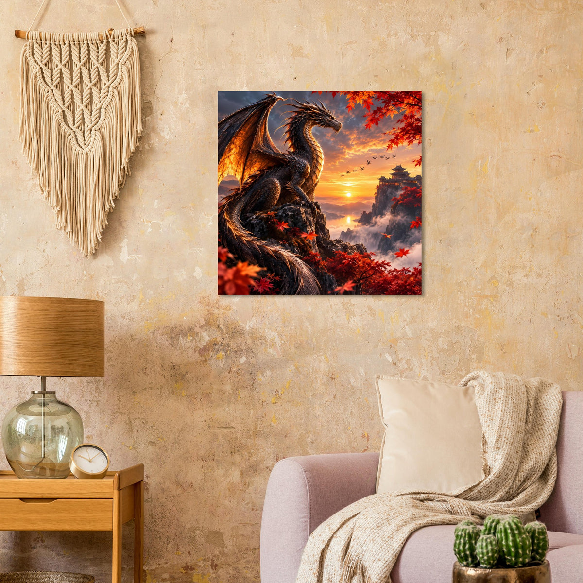 Quadratisches Poster: dunkler Drache auf dramatischem Sonnenuntergangshimmel mit roten Blättern