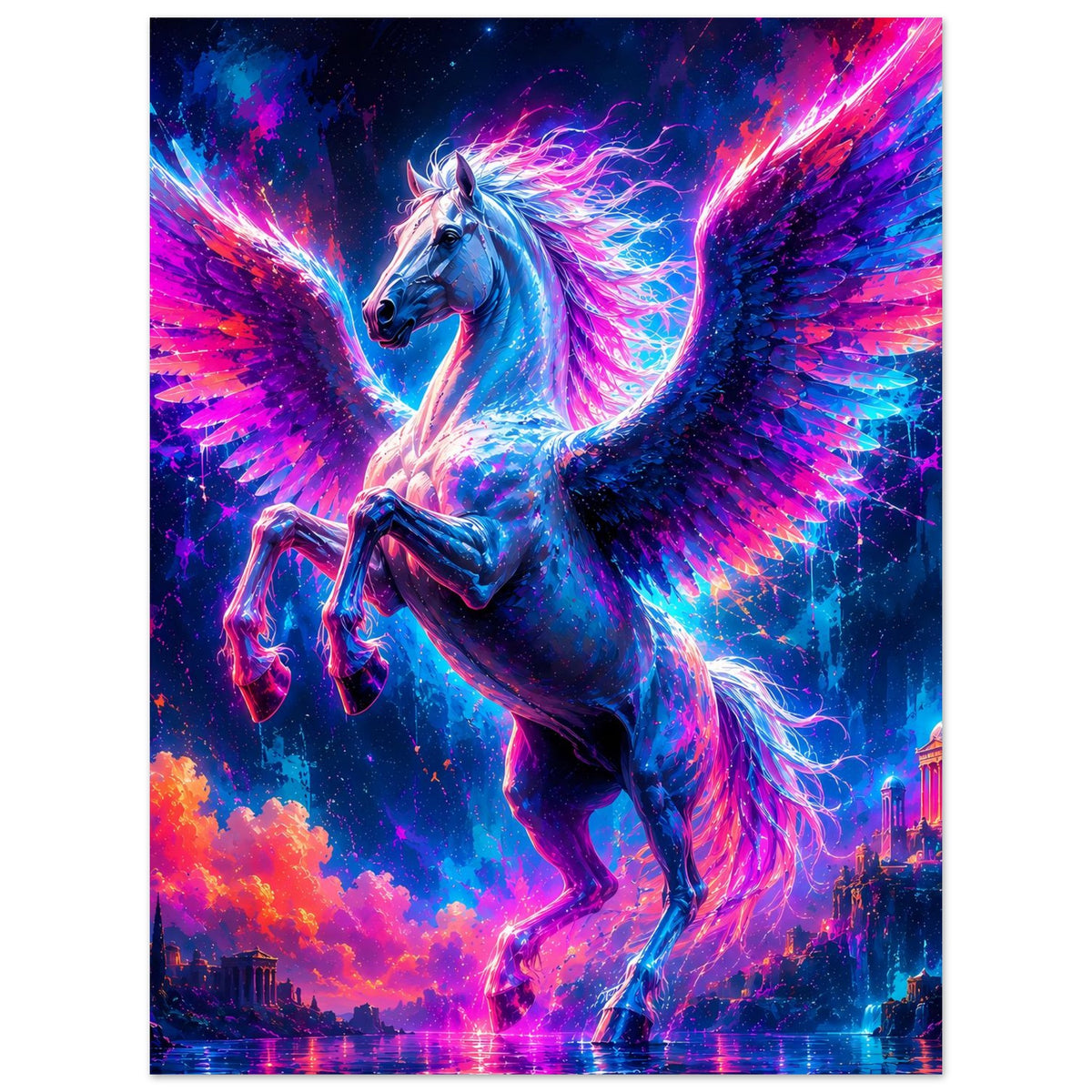 Neonfarbenes Pegasus-Poster mit leuchtenden Flügeln und galoppierender Silhouette