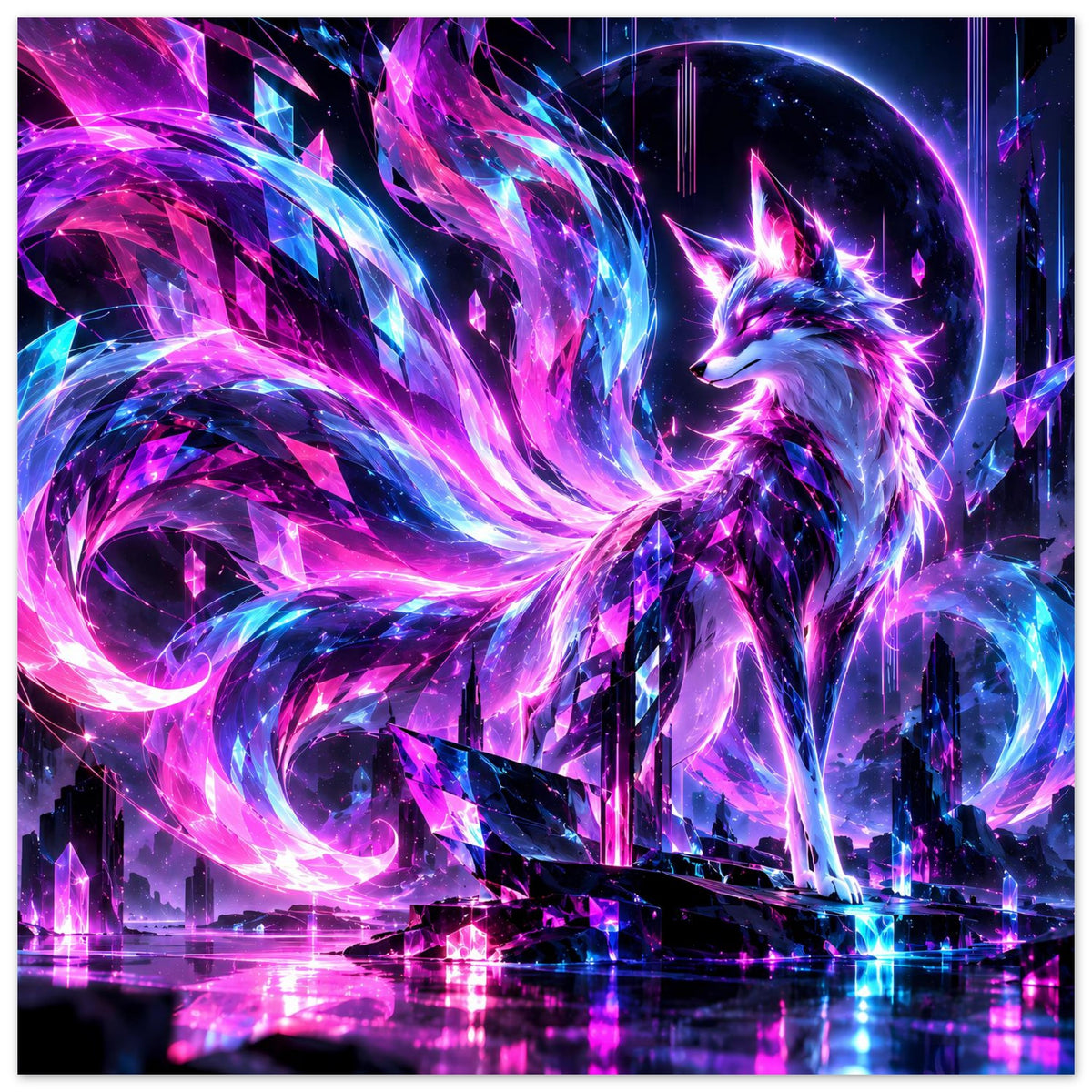 Neon-Fuchs Fantasy-Poster mit dynamischer Lichtspirale, Gebäudekonturen und Spiegelbild