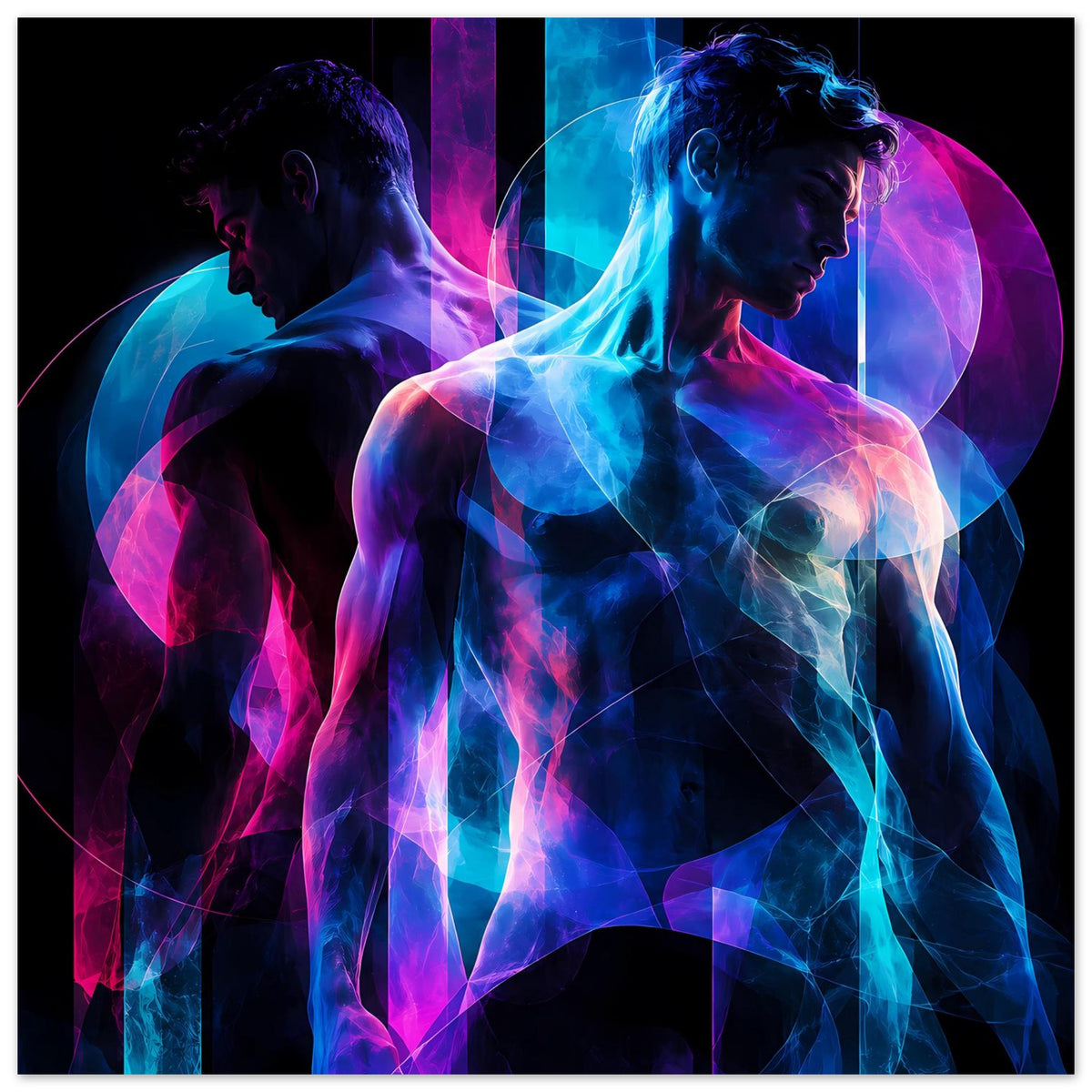 Kunstposter mit Neonabstraktion: zwei Figuren in Blau und Pink, quadratischer gerahmter Druck
