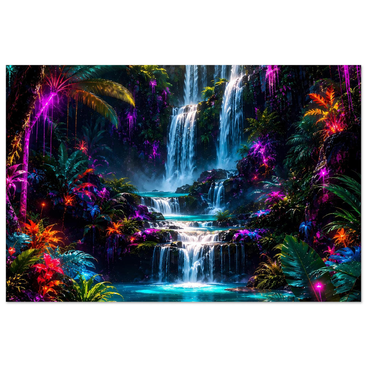 Rechteckiges Poster: beleuchteter Tropenwasserfall zwischen Pflanzen, mit leuchtenden violetten und türkisfarbenen Akzenten