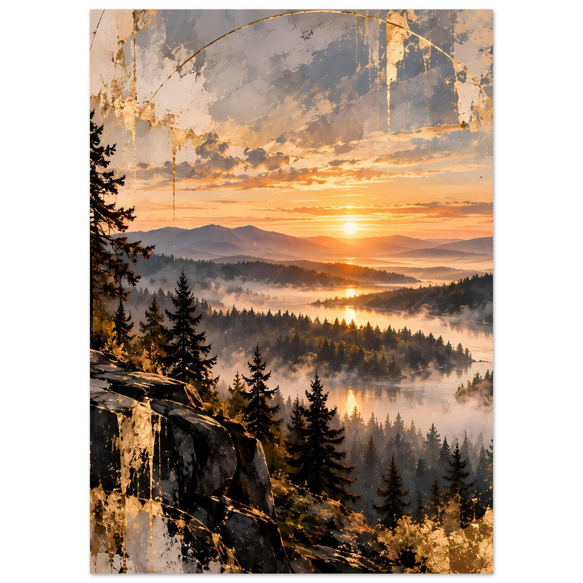 Landschaftsposter im Hochformat: Sonnenaufgang, Nebel über Wiesenwald, Berge und Nadelbäume