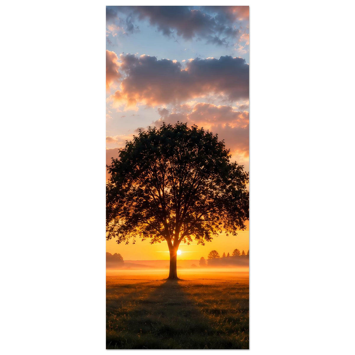Vertikales Poster mit Baum bei Sonnenuntergang, orange-goldener Himmel im Hochformat