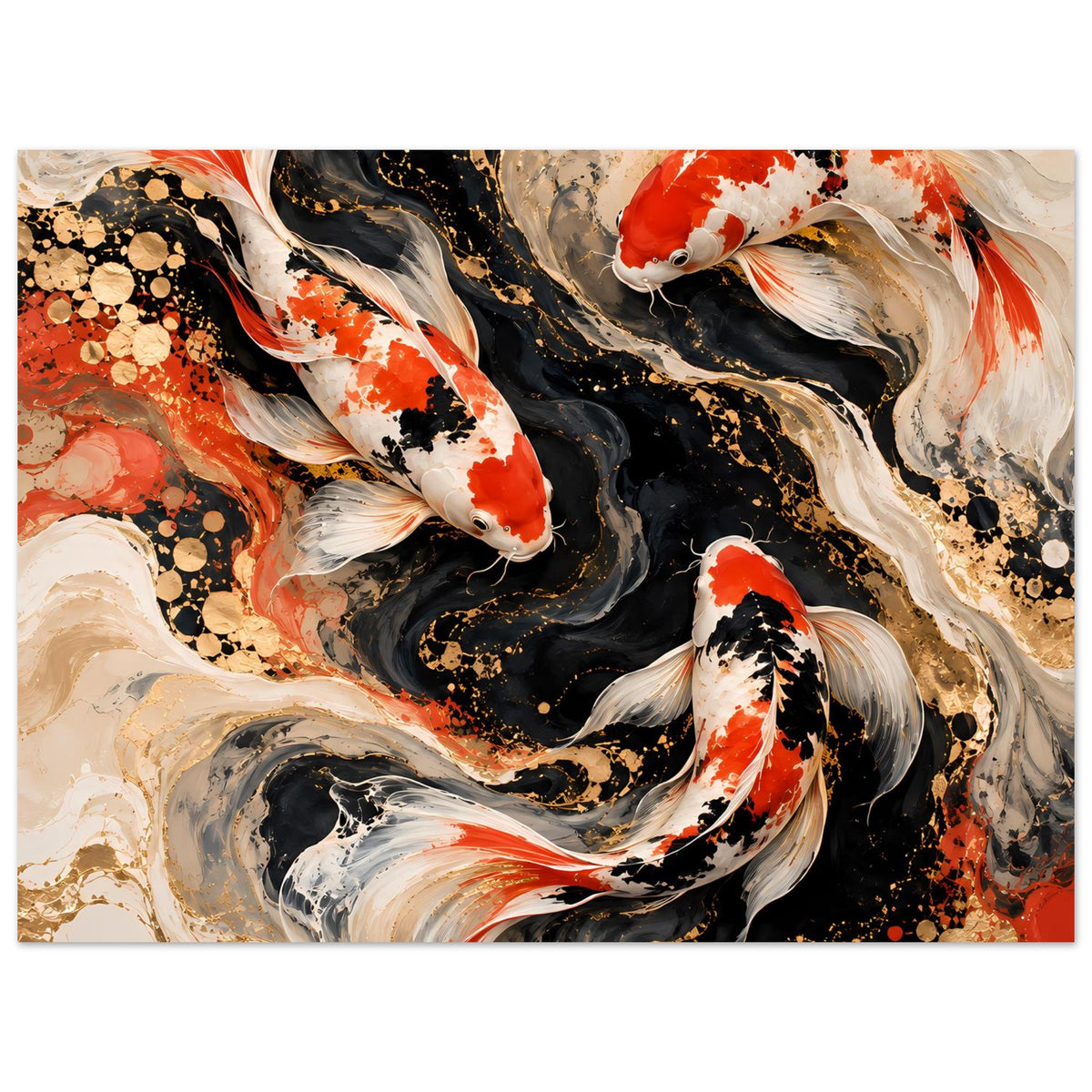 Kunstposter mit Koi-Fischen, abstrakter Wasserwirbel in Rot, Weiß, Schwarz und Gold