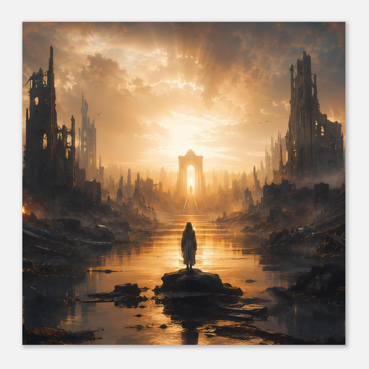 Wandposter mit Flusslandschaft, dunklen Türmen und zentraler Figur auf Felsinsel vor Sonnenlicht